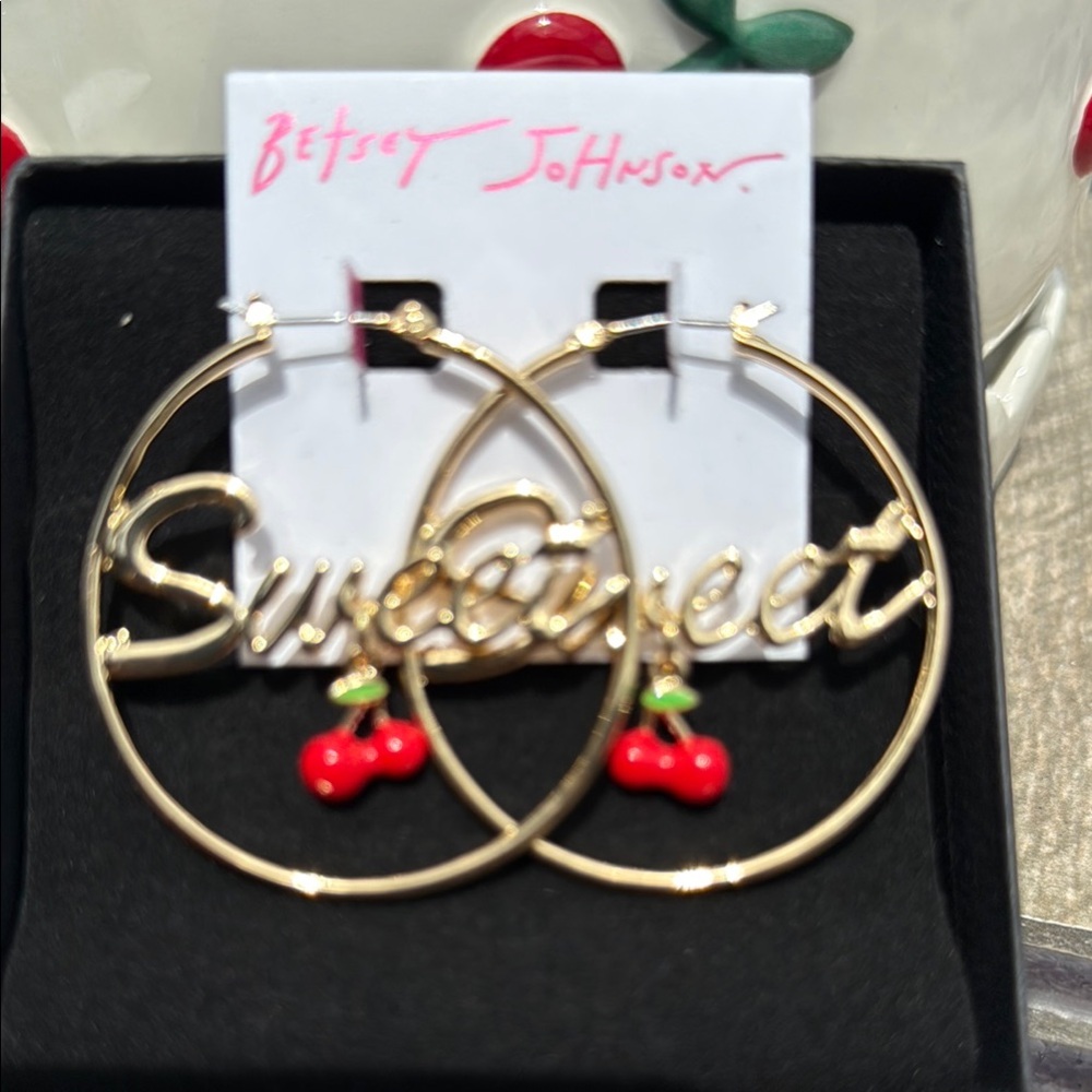 NWT! Betsey Johnson Gold Red Cherry Dangle Hoop Earrings
